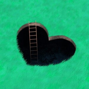 Heart shaped hole in the grass, with a ladder leading down