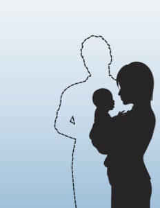 Adult holding infant, with invisible adult behind - illustrating How tapping can help us heal our past suffering, linked to the physical, emotional, & mental health challenges from our Younger Selves